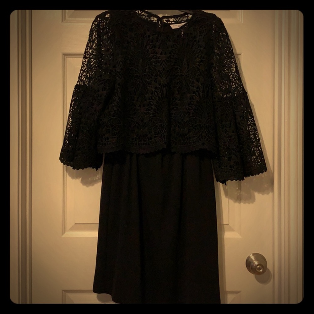 KHalperin black lace overlay trumpet sleeve dress